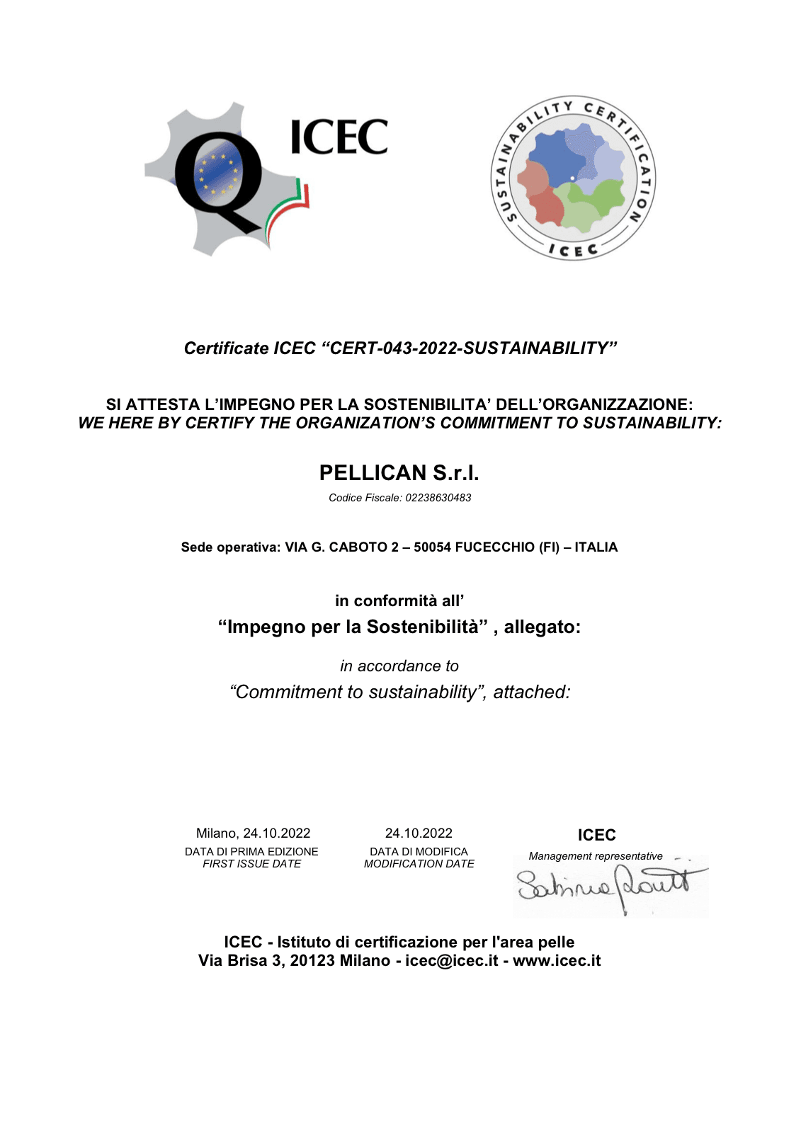 Impegno per la Sostenibilità — certificazione Pellican