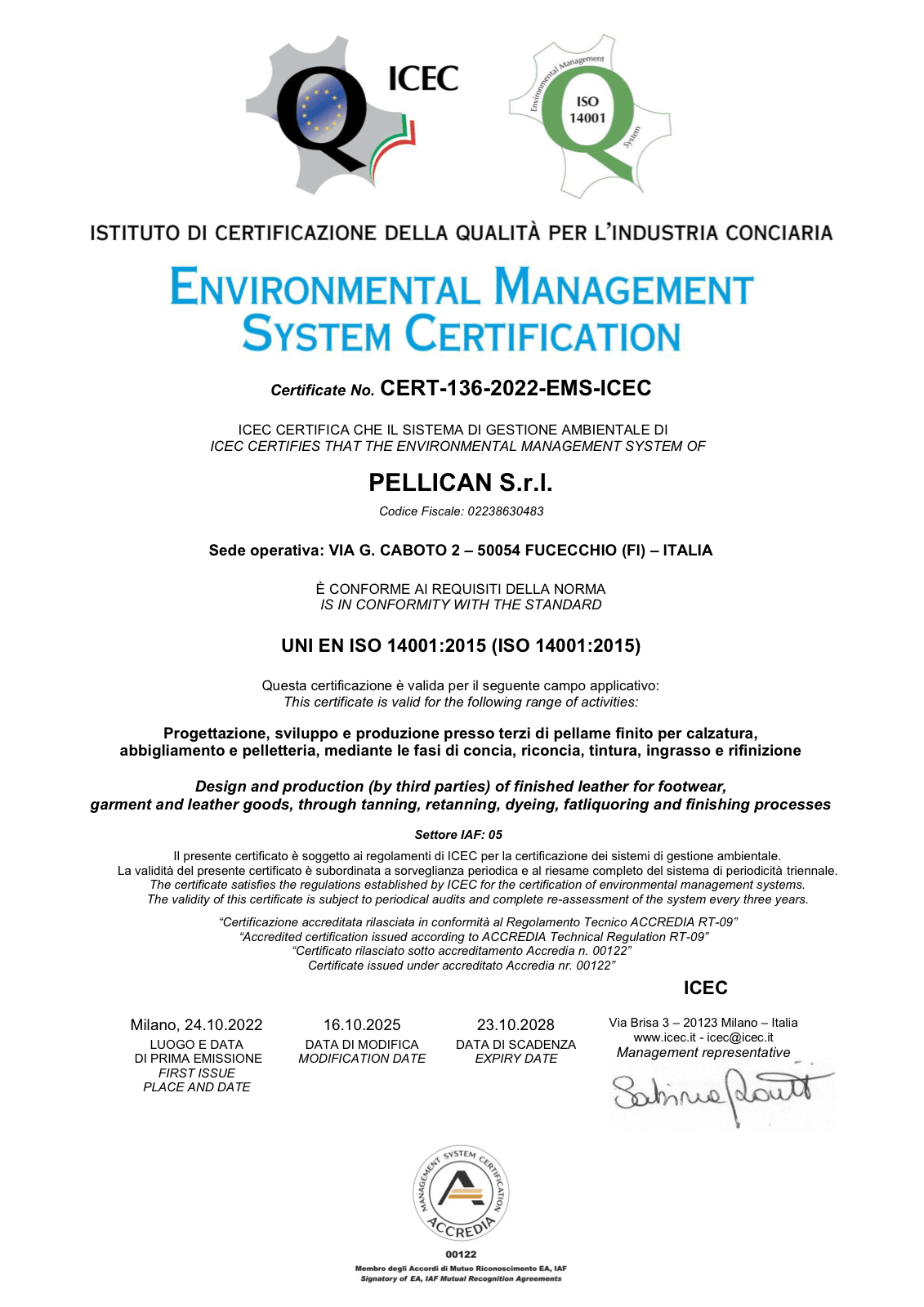 ISO 14001:2015 — certificazione Pellican